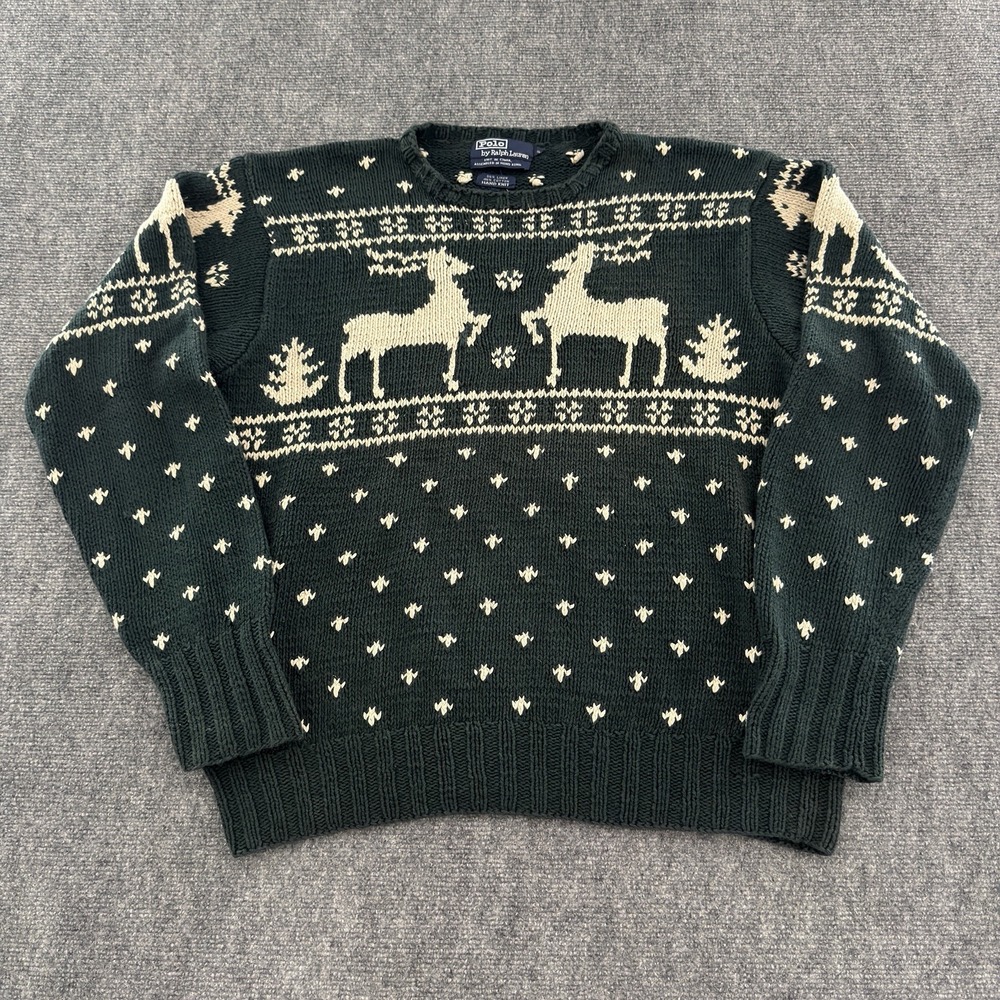 Vintage Polo Ralph Lauren Hand Knit  Reindeer Sweater Green Linen Blend Size M